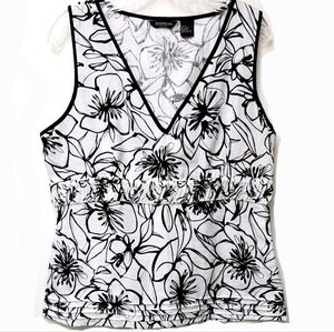 Autograph New York Black White Floral 100% Linen Vneck Top Size Large